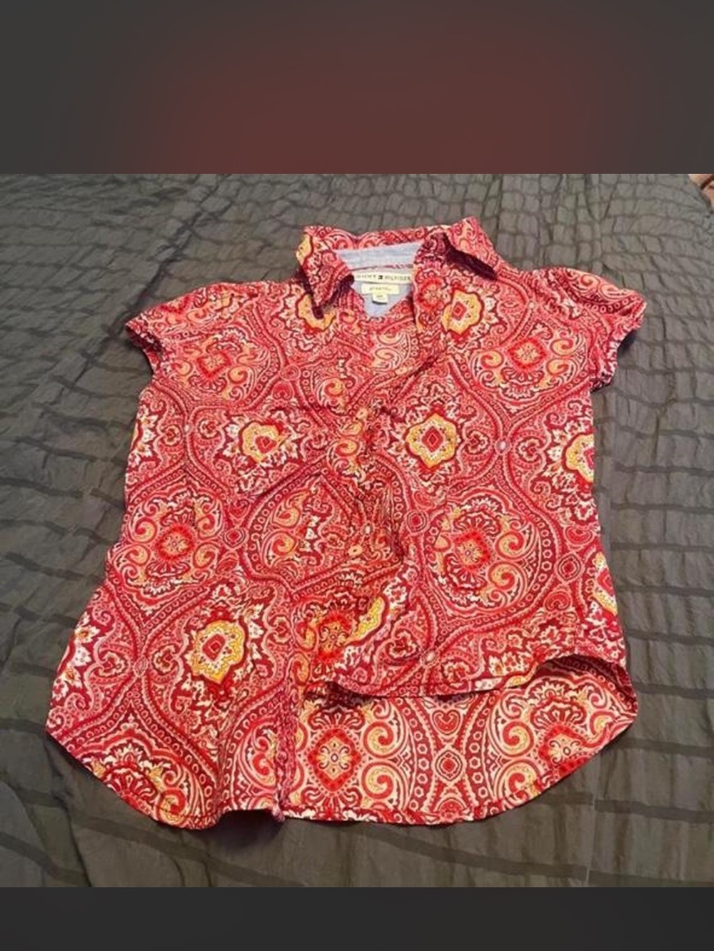 Tommy Hilfiger Red Paisley Short Sleeve Button-Down Top
